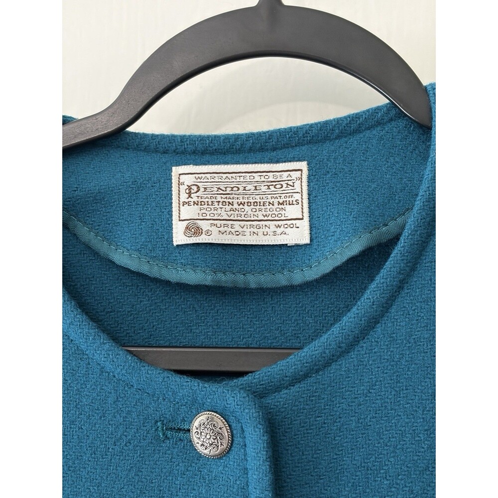 Pendleton Vintage 100% Wool Cropped Jacket Buttons Teal USA Shoulder Pads Medium - Picture 3 of 11